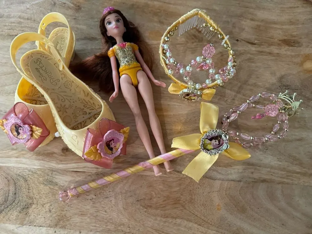 Disney Princess Belle Costume Wand Crown Shoes Dress-up Play Adjustable + Doll